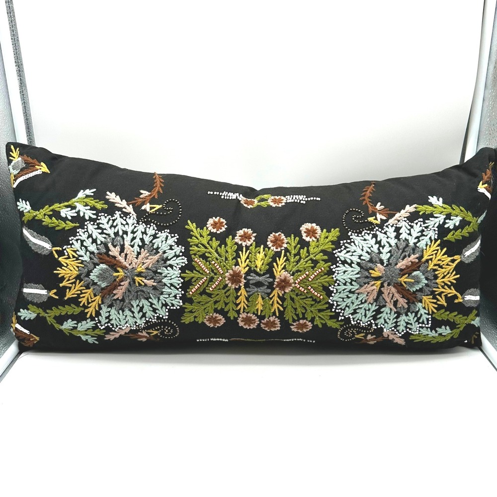 NWOT Rifle Paper Co x Loloi Embroidered Lumbar Pillow Black Floral Beaded 12x27